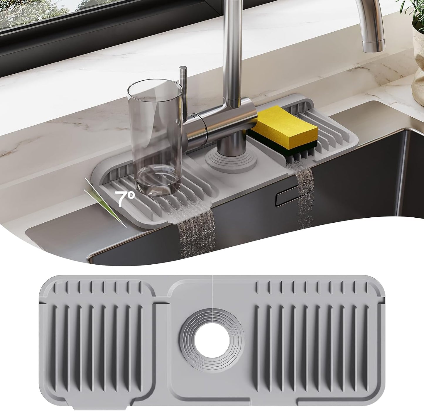 24 Inch Silicone Faucet Mat for Kitchen Sink Splash Guard – Upgraded Draining Mat with Water Tray Behind Faucet – Countertop Protectors to Catch Spills (Black, 24" x 5.5" )