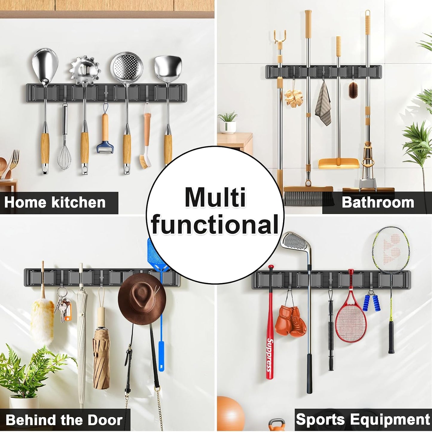 Broom Holder Wall Mount, Mop and Broom Hanger Wall Mount for Organizing and Storing Items in Household Kitchens, Gardens, Laundries (4 Racks & 3 Hooks, Grey)
