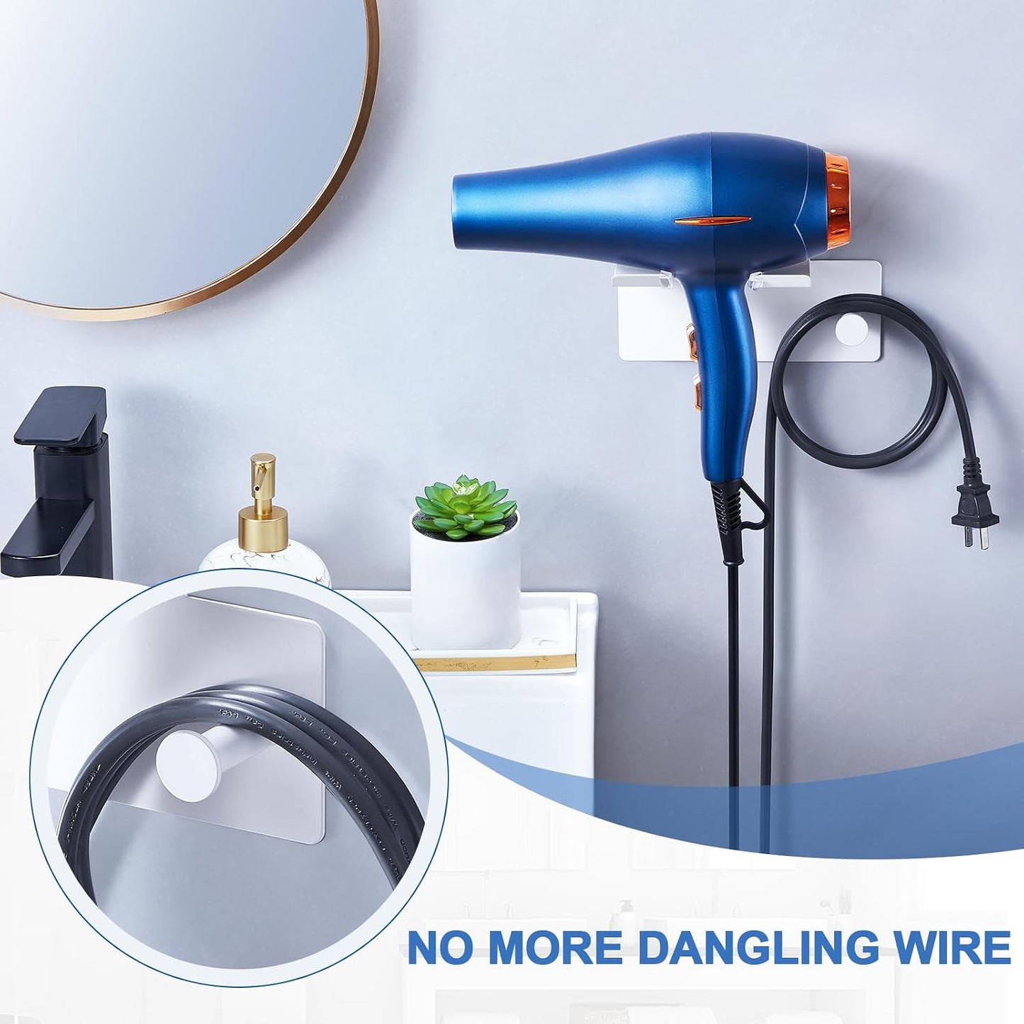 Hair Dryer Holder Wall Mounted, Blow Dryer Holder Adhesive, Metal Hairdryer Holder for Bathroom, Hair Tool Organizer with Plug&Cord for Cabinet Bathroom Bedroom Barber Shops (Rose Gold)