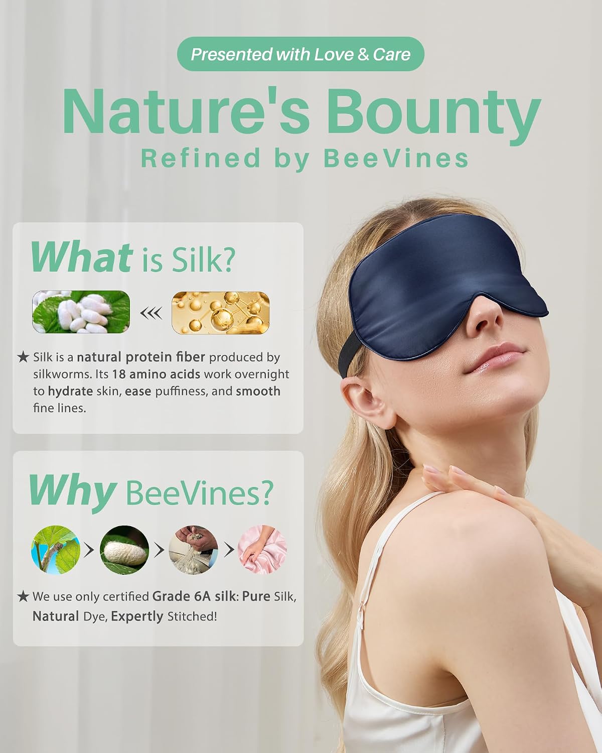 BeeVines 100% Mulberry Silk Sleep Mask, Light Blocking Eye Masks (2 Packs)