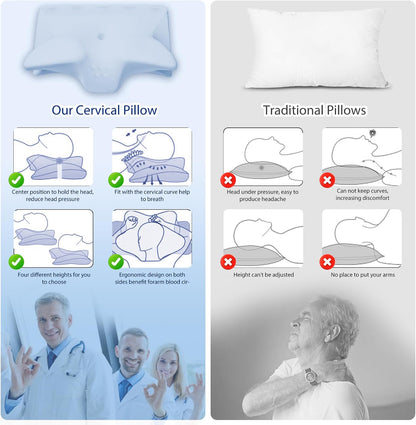 Cervical Pillow for Neck Pain Relief, Cooling Contour Memory Foam Pillows Support Odorless Ergonomic Neck Pillow Adjustable Orthopedic Bed Pillow for Side Back Stomach Sleeper with Pillowcase,Snow