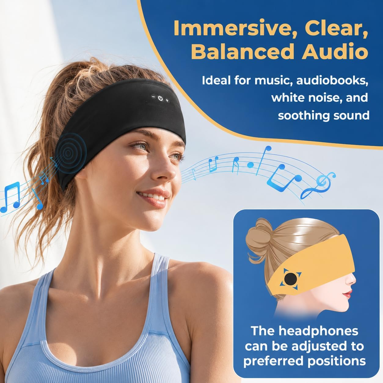 Sleeping Headphones, Headband Headphones with HD Stereo Speaker, Bluetooth Headband for Sports, Running, Workouts, Yoga, Air Travel, Meditation, Gift - Black