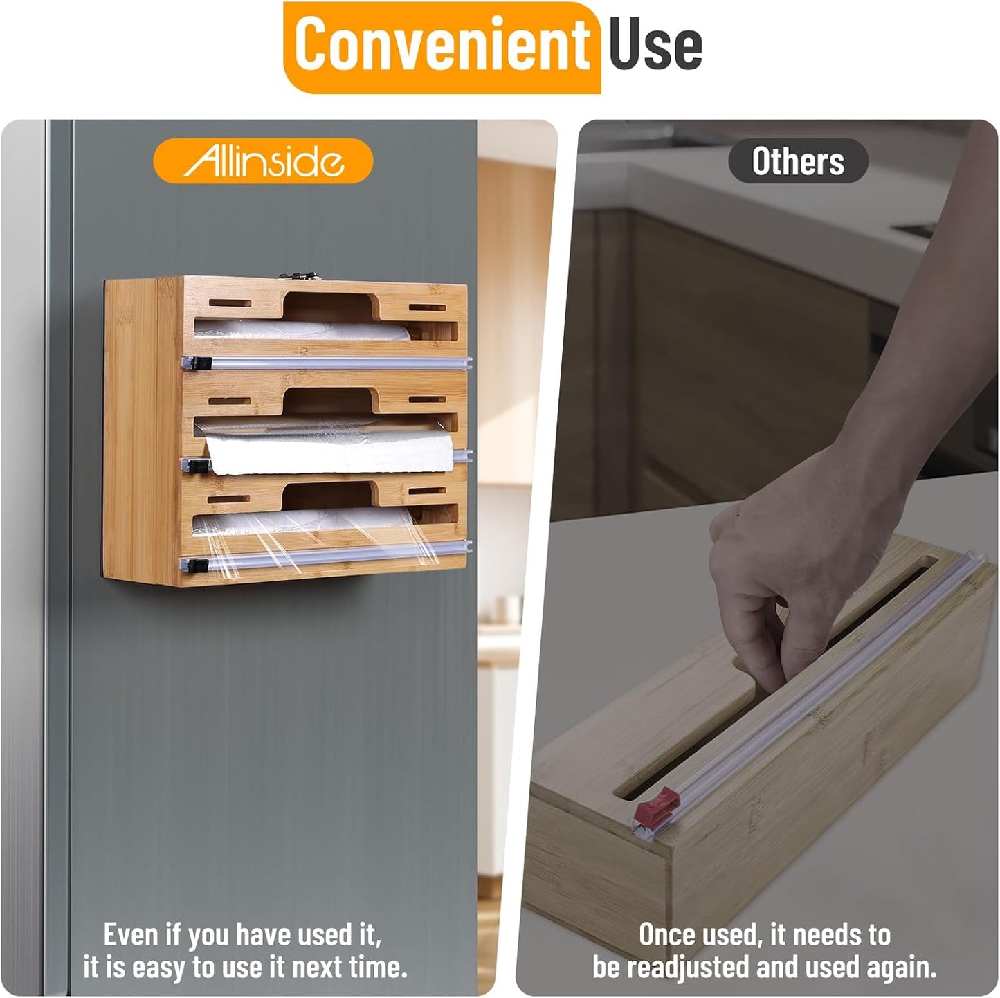 Allinside Magnetic Plastic Wrap Dispenser with Cutter, 3 in 1 Refrigerator Bamboo Wood Organizer for Tin Foil, Baking, Wax Paper Holder Kitchen Storage Box Compatible with 12.9" Roll, Black (3 Layer)