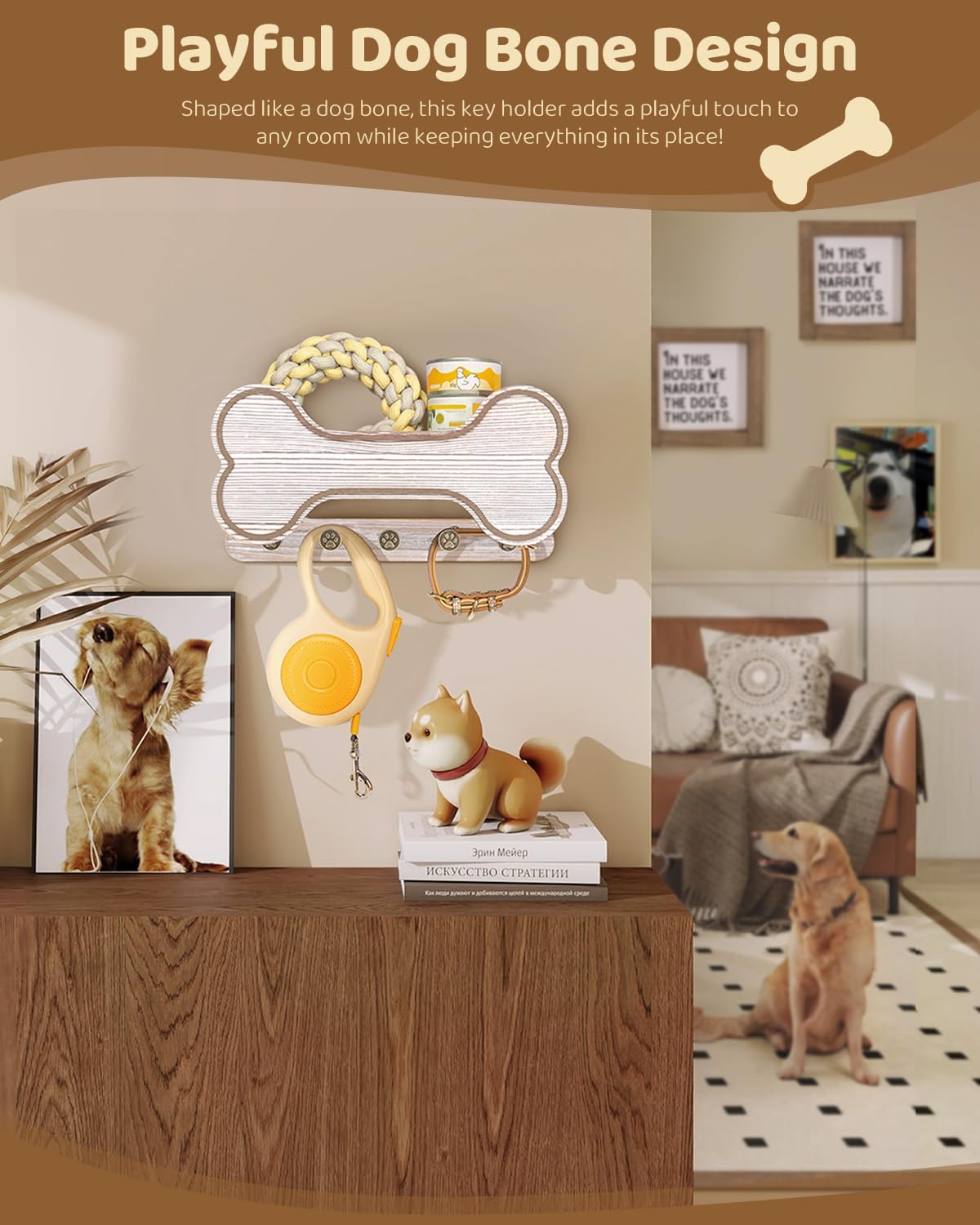 MTERSN Dog Leash Holder for Wall with Key Hooks for Dog Gear Storage, Brown | 3D Puppy Paw Hooks, Doggie Bone Shape, Key Rack with 5 Hooks, Wall Shelf for Treats & Dog Food, Ideal for Wall Decor