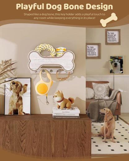 MTERSN Dog Leash Holder for Wall with Key Hooks for Dog Gear Storage, Brown | 3D Puppy Paw Hooks, Doggie Bone Shape, Key Rack with 5 Hooks, Wall Shelf for Treats & Dog Food, Ideal for Wall Decor
