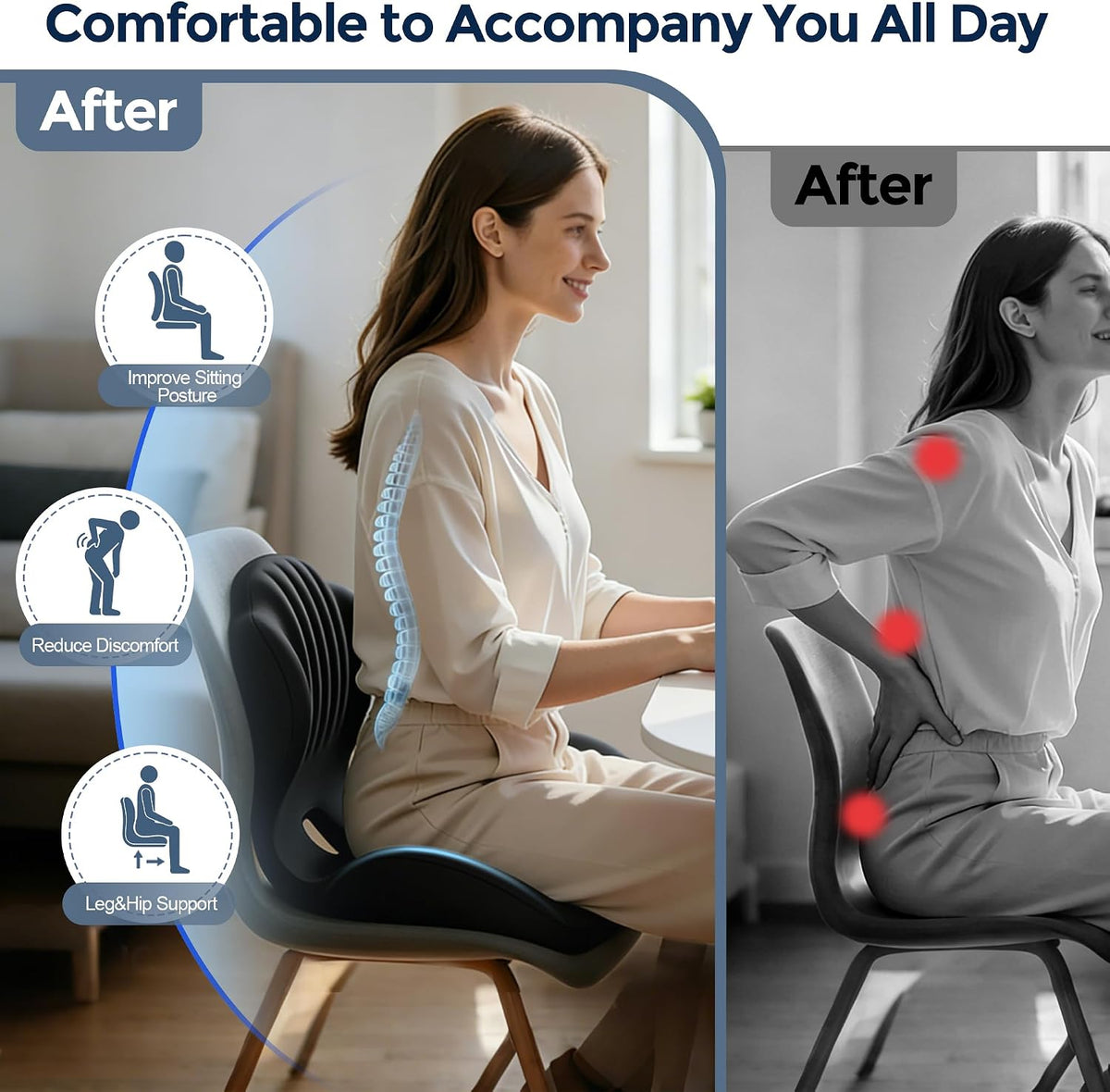 Seat Cushion for Office Chair and Car, L-Shaped Ergonomic Seat Cushions,Memory Foam Orthopedic Cushion with Coccyx Hollow,Lumbar Support & Tailbone Pain Relief for Car, Truck, Home,Gaming Chair,Black