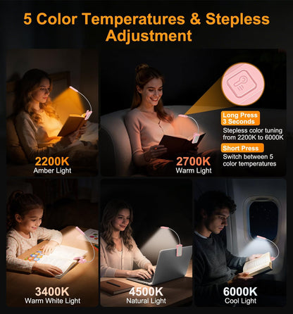 Gritin 2026 Gen 2 Book Light for Reading- 30 Eye Caring Full Spectrum LED | 5 Colors & 5 Brightness, Adjustable Wide/Narrow Beam, Upgrade 1500mAh Long-Lasting Rechargeable Clip on Light for Book Lovers