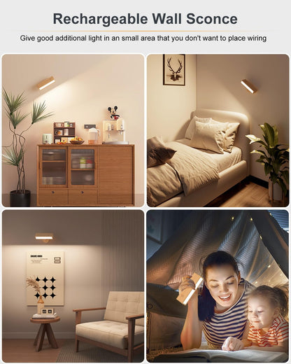 DetarZinLED Wall Lights Battery Operated Wooden,Magnetic Wall Sconces Rechargeable,Adhesive Wall Lights for Bedroom,Dimmable Wall Mounted Bedside Lamp,Cordless Battery Wall Sconce for Bedroom Reading