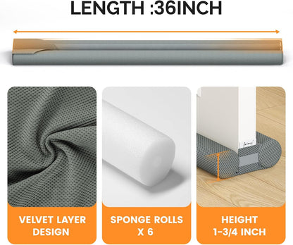fowong Door Draft Stopper, 36" Adjustable Under Door Noise Stopper, Grey | Durable Door Draft Blocker Helps to Seal Door Gaps, Reduce Drafts, Noise, Dust & Light, Fit Doors 30"–36", Easy to Install