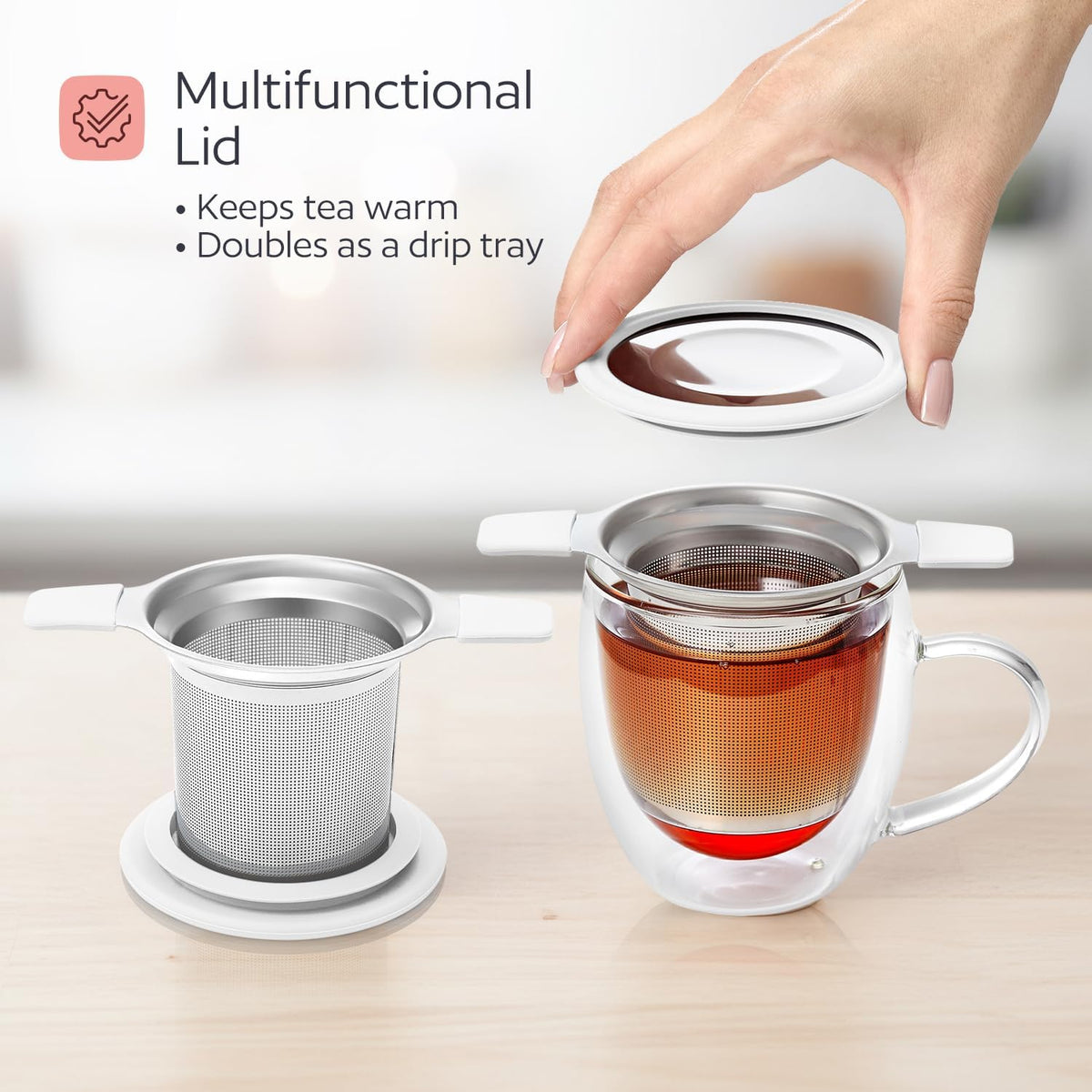 Stainless Steel Tea Infuser for Loose Leaf Tea – Extra Fine Mesh Strainer with Heat Proof Double Handles & Lid, Reusable Filter Fits Mugs, Cups & Teapots, Gray
