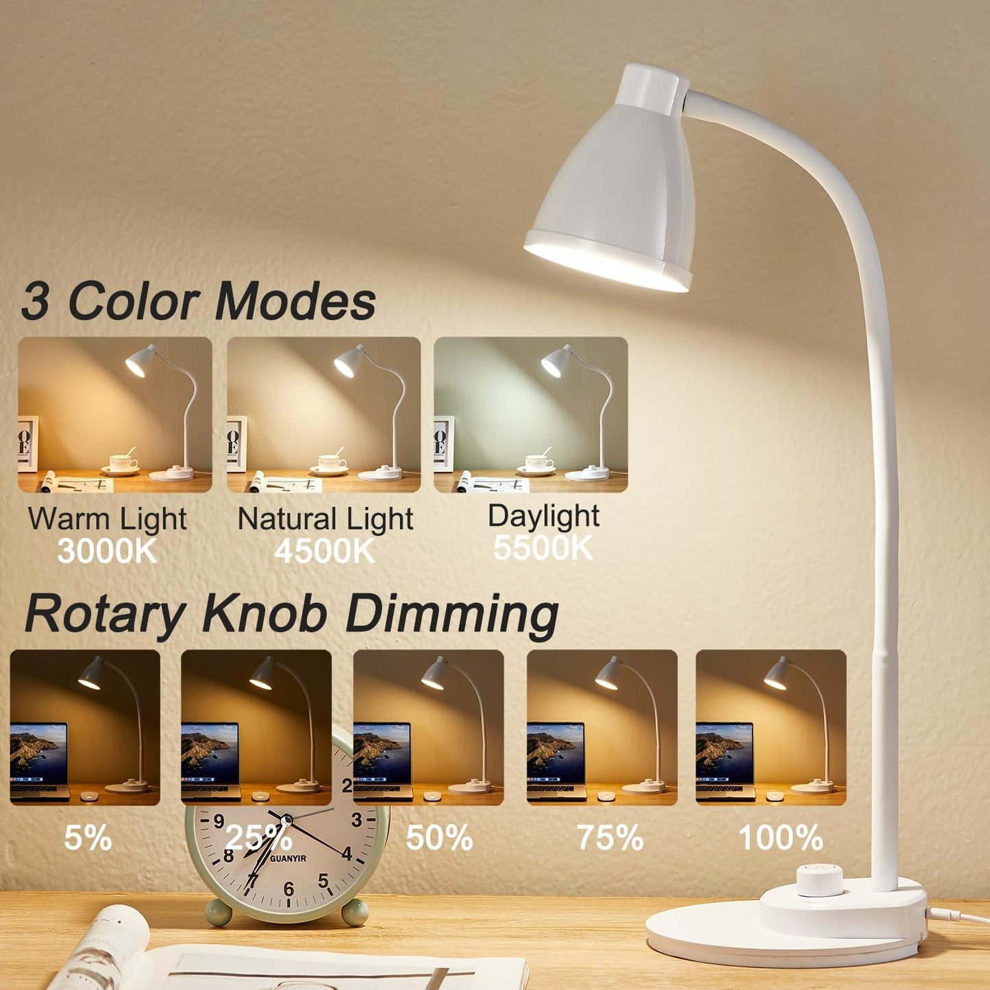 BOHON LED Desk Lamp with USB Charging Port 3 Color Modes Dimmable, Black | Reading Light Intelligent Induction Auto Dimming Task Lamp Neck Flexible Table Lamp for Bedside Office, AC Adapter Include