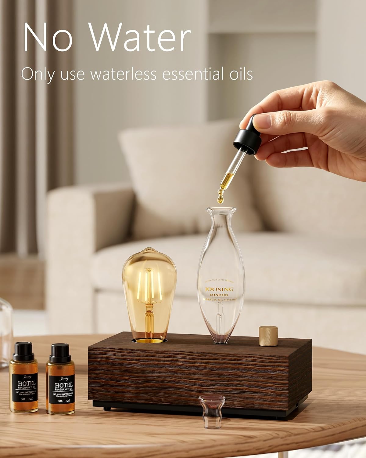 Waterless Oil Diffuser with Wood Base, Tempered Glass Bulb, 3 Color Light