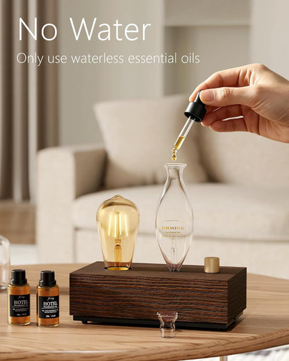 Waterless Oil Diffuser with Wood Base, Tempered Glass Bulb, 3 Color Light