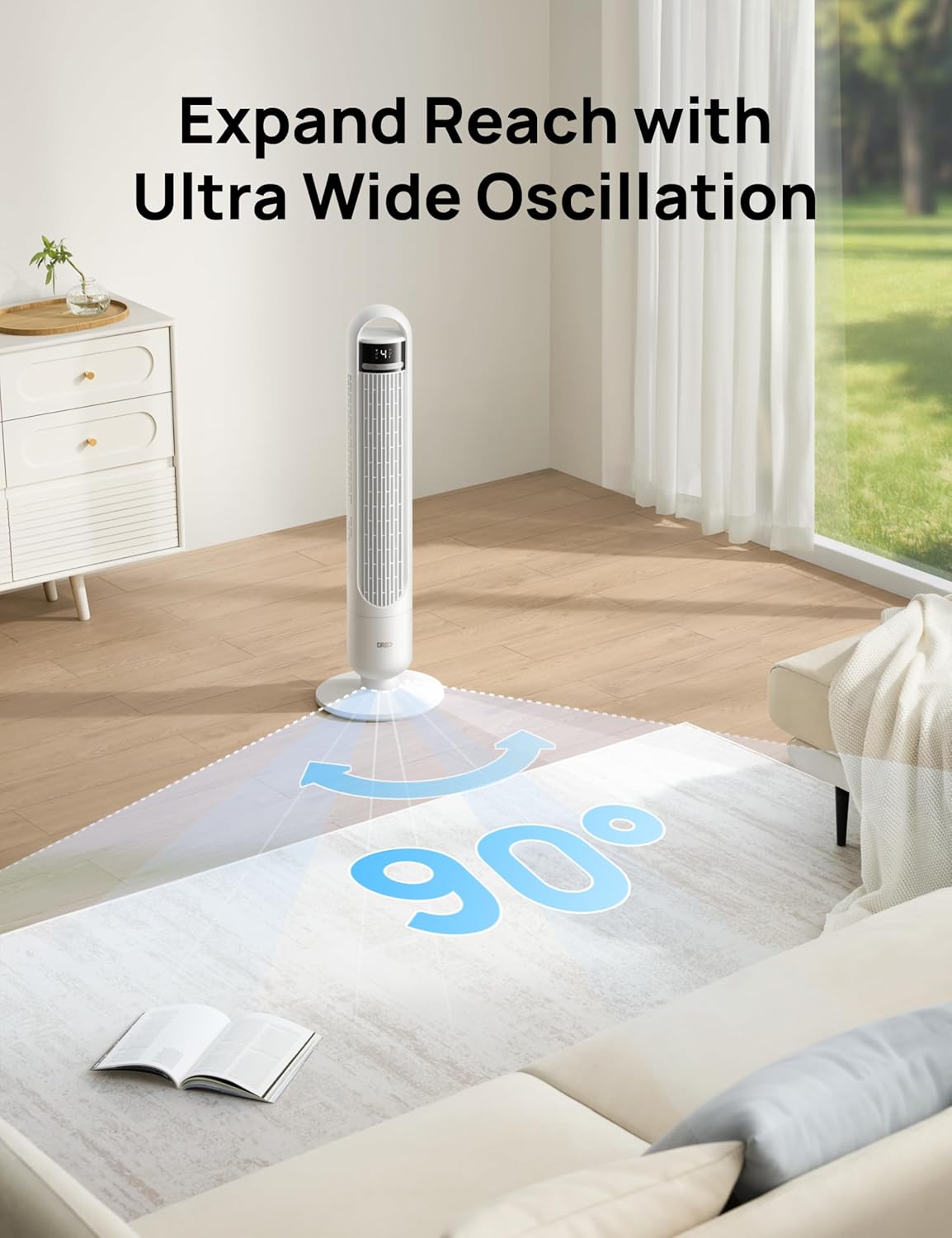 DREO Tower Fan for Bedroom, 26ft/s Velocity, 90° Oscillating, 8H Timer | 4 Speeds, 3 Modes, 28dB Quiet Standing Fan, Floor Fan for Room, Living Room, Office, Home, Cooling Fan with Remote, Black