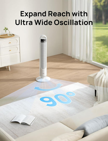 DREO Tower Fan for Bedroom, 26ft/s Velocity, 90° Oscillating, 8H Timer | 4 Speeds, 3 Modes, 28dB Quiet Standing Fan, Floor Fan for Room, Living Room, Office, Home, Cooling Fan with Remote, Black