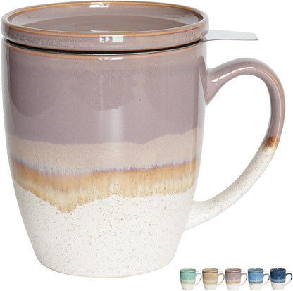Bosmarlin Ceramic Tea Cup with Infuser and Lid, 16 Oz, 5 Colors to Choose, Dishwasher and Microwave Safe, Reactive Glaze, Steeping Tea Mug with Strainer (Purple)