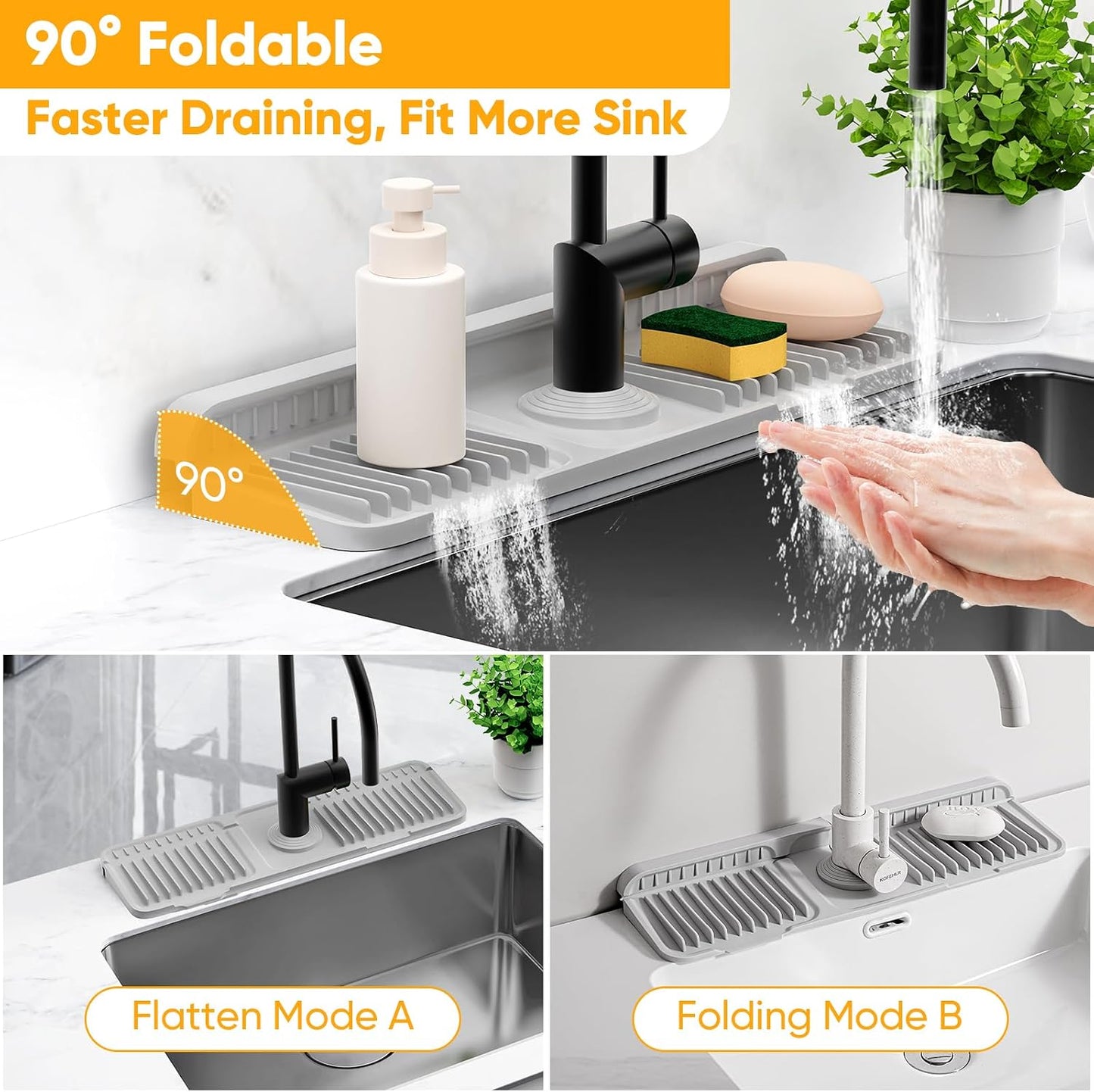24'' Longer Faucet Mat for Kitchen Sink Splash Guard[7° Slope Fast Self-draining][Snap Lock Fit]Kitchen Sink Faucet Mat Splash Guard Kitchen Sink Area Water Splash Guard Behind Faucet Draining Mat