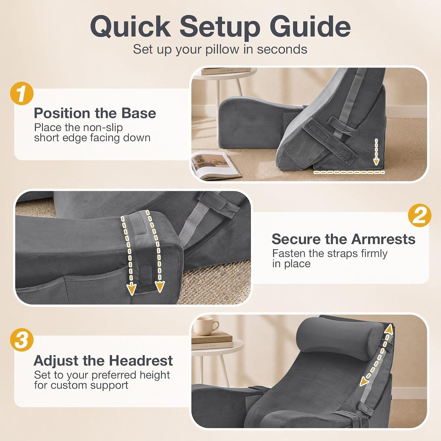 Sasttie 15-25 inch Adjustable Reading Pillow with Armrests, Dark Grey | Back Rest Pillow with Secure Side Straps, Memory Foam Back Support Cushion Bed Chair for Reading, Gaming & Relaxing