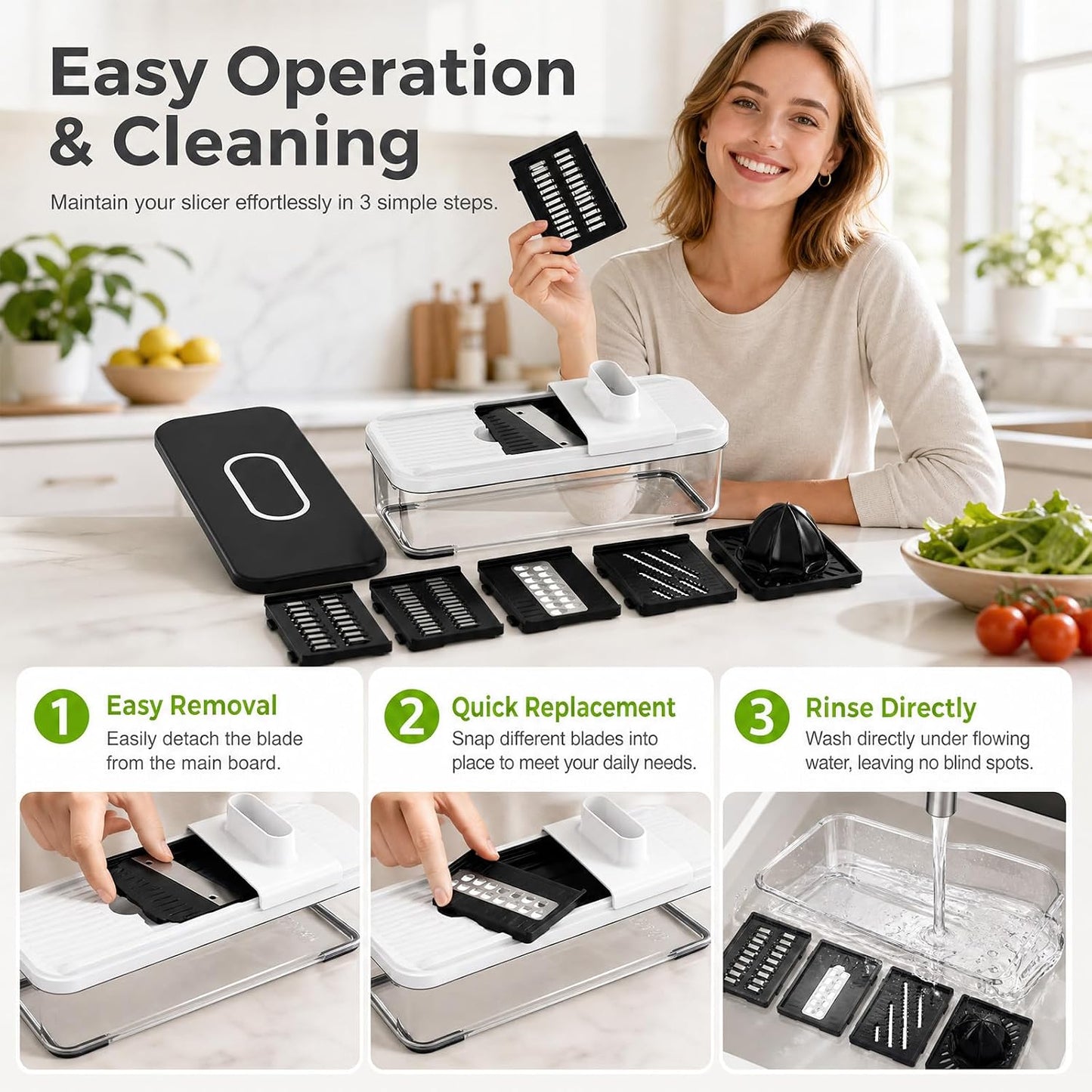 7-in-1 Mandoline Vegetable Slicer, Multi-Purpose Food Chopper & Grater with 5 Interchangeable Blades, Adjustable Julienne Cutter with Container & Safety Guard, Kitchen Gadget for Meal Prep