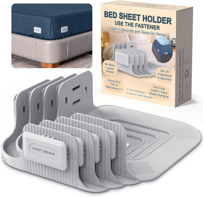 Bed Sheet Holders for Corners, Snap-Lock Fitted Sheet Locks, 4 Pack | 4 snap-lock ABS holders help secure fitted sheet corners; no straps or metal teeth; check 3 in.+ mattress corner clearance