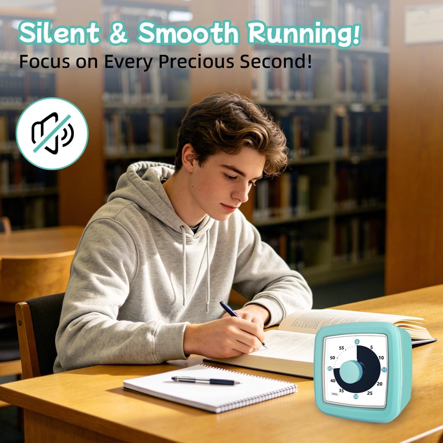 Visual Timer 60 Minute Timer Silent Countdown Clock – No Ticking, Gentle Ring with Mute Option, Timers for Kids Homework Classroom Management Kitchen Pasta, Adult Pomodoro & Deep Work, Purple