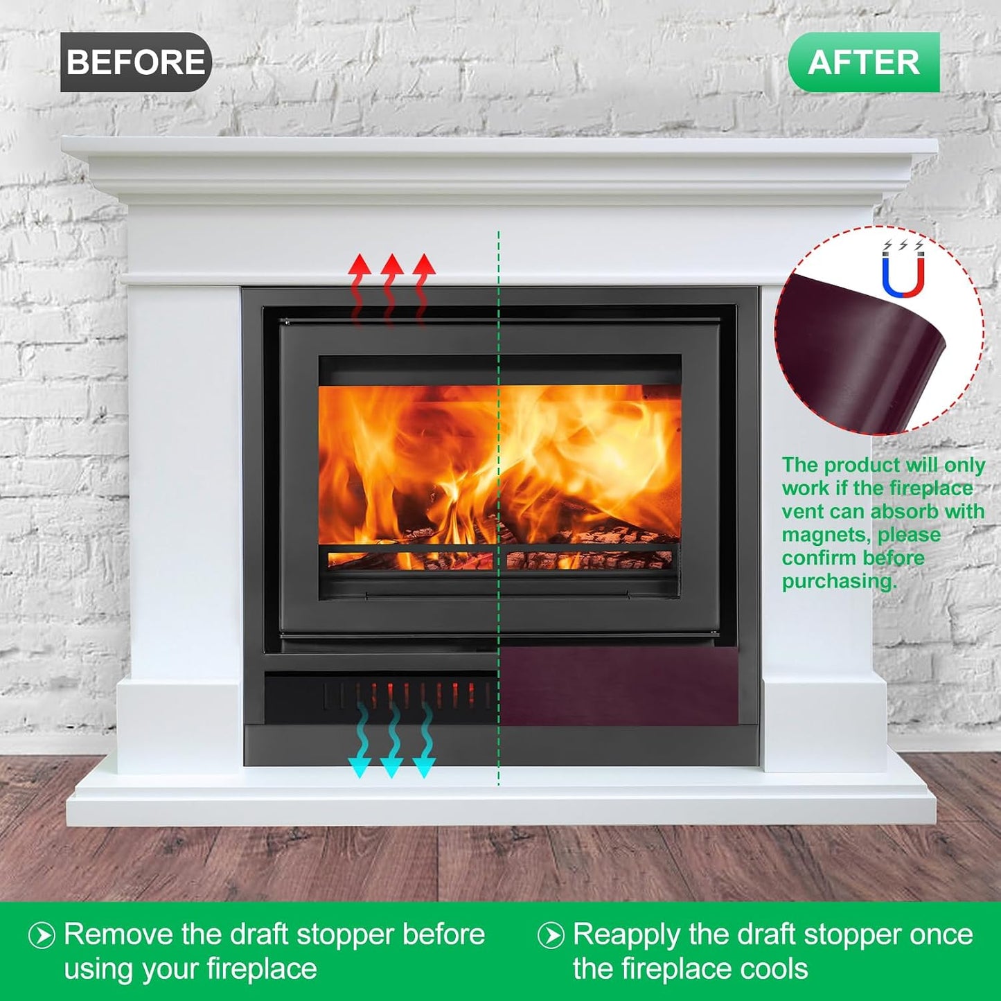 PATIKIL 40" x 4" Magnetic Fireplace Draft Stopper, 4 Pcs Fireplace Vent Cover Indoor Chimney Draft Blocker to Block Cold Air Prevent Heat Loss, Black Brown