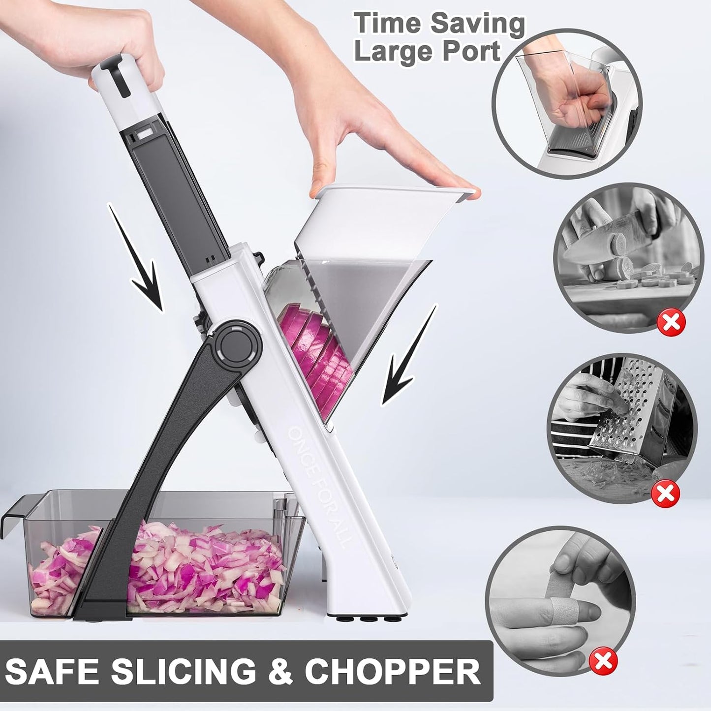 QYKIC Safe Mandoline Slicer Pro for Kitchen, Adjustable Chopper 6 in 1 | Potato Slicer Onion Chopper Fry Cutter Julienne Dicer Large Chute Stainless Steel Blades Detachable Dishwasher Safe Gifts