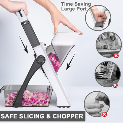 QYKIC Safe Mandoline Slicer Pro for Kitchen, Adjustable Chopper 6 in 1 | Potato Slicer Onion Chopper Fry Cutter Julienne Dicer Large Chute Stainless Steel Blades Detachable Dishwasher Safe Gifts