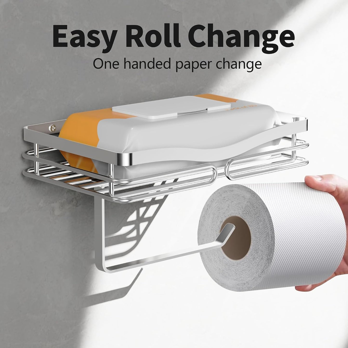 YIGII Toilet Paper Holder with Shelf, Adhesive or Drilling Toilet Paper Roll Holder for Bathroom, Rustproof Tissue Roll Holder Wall Mounted for Wipe Storage (Silver)