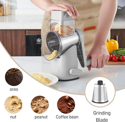 Weltonhm 4 in 1 Large Rotary Cheese Grater Hand Crank (black, 3 Graters) | Cheese Shredder Rotary and Slicer with 4 Stainless Steel Blades for Vegetables, Veggie and Cheese, Stronger Suction Base