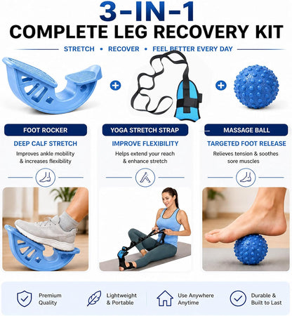 3-in-1 Calf Stretcher & Foot Rocker Kit, Portable Physical Therapy Tool with Leg Stretch Strap & Foot Massage Ball, Relief for Plantar Fasciitis, Achilles Tendonitis, Heel Pain, Yoga, Running