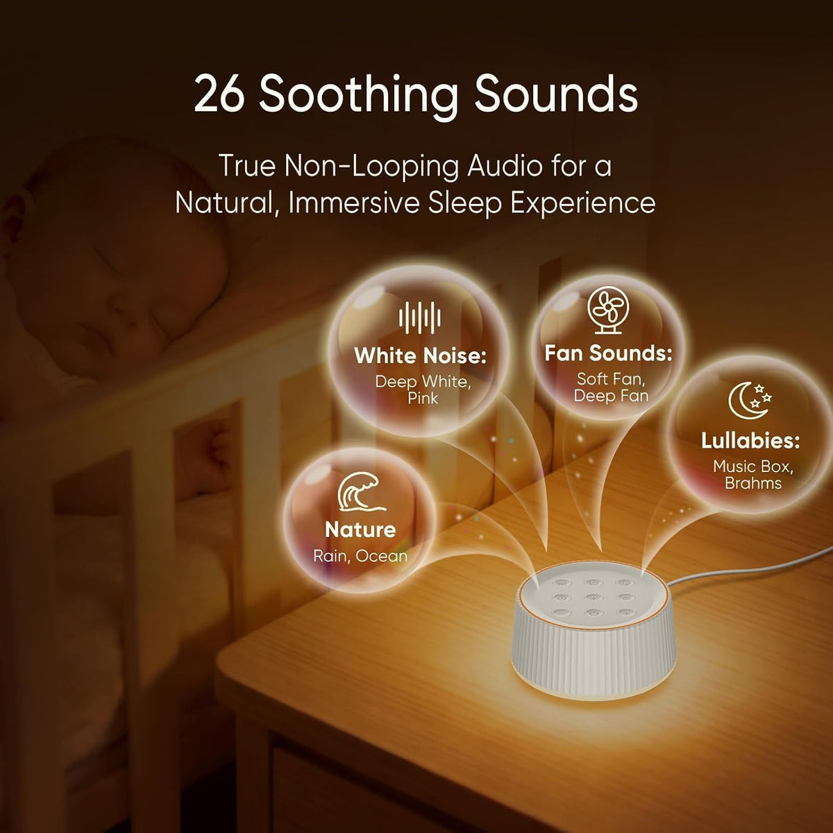 Noise Machine, White Noise Sound Machine for Baby & Adults, 26 Soothing Sounds, 8 Night Light Colors, Tap Control, 6 Timer Settings, Auto-Off & Memory, 4-7-8 Breathing (Black, Standar)