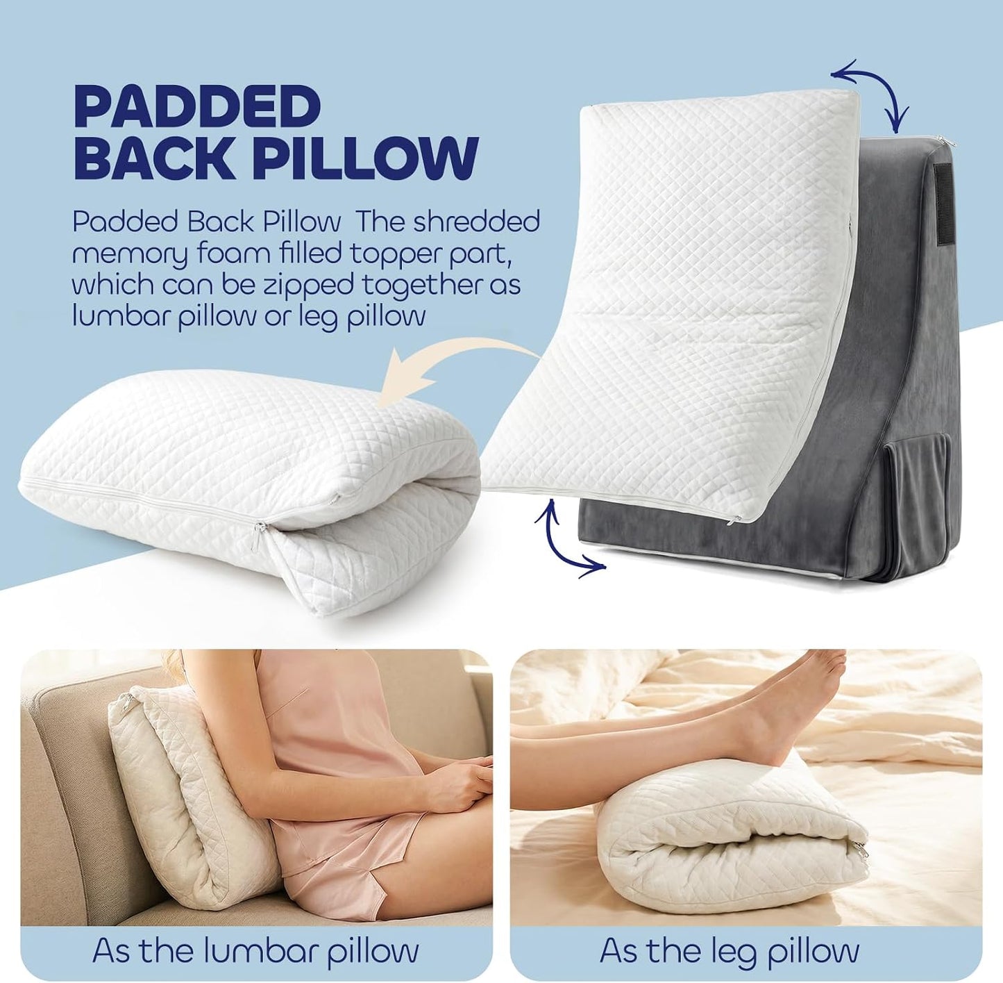 Ergonomic Reading Pillow for Bed Sitting Up, Adjustable Back Pillow with Detachable Armrests, Removable Leg Support Converts to Cylindrical Pillow, Machine Washable Cover with Pockets – Grey