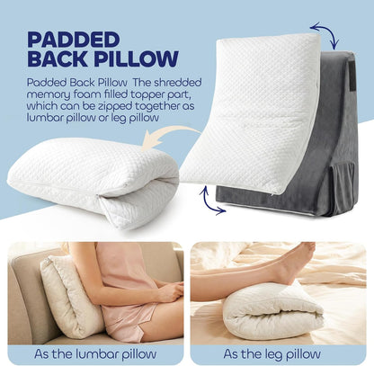 Ergonomic Reading Pillow for Bed Sitting Up, Adjustable Back Pillow with Detachable Armrests, Removable Leg Support Converts to Cylindrical Pillow, Machine Washable Cover with Pockets – Grey