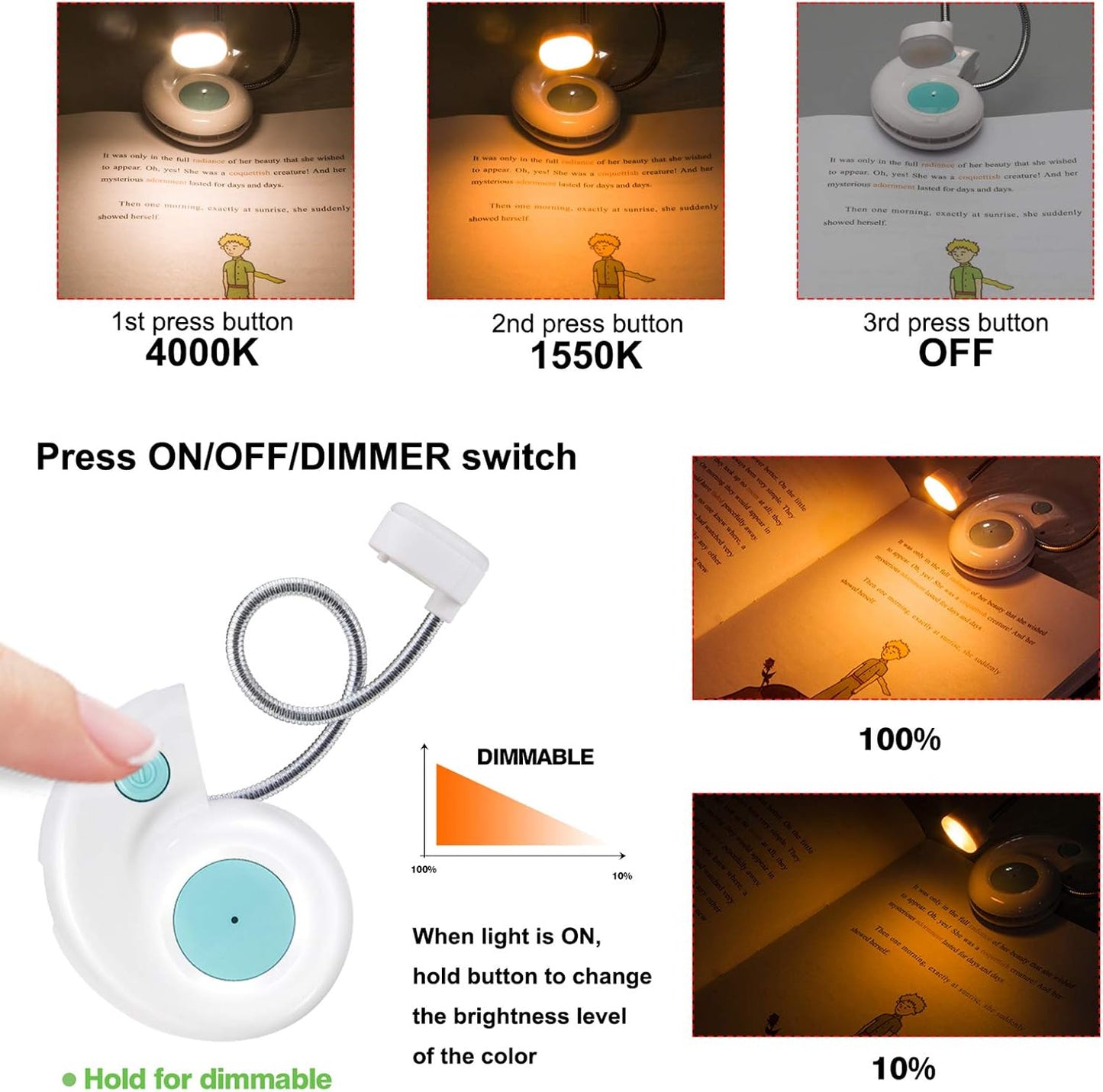 Kids Rechargeable Book Light, Clip on Reading Light for Kid, Kids Reading Lights, Amber Book Light for Reading in Bed, 2 Lighting Modes, Blue Light Blocking, Bookmark Light for Bookworms-Green