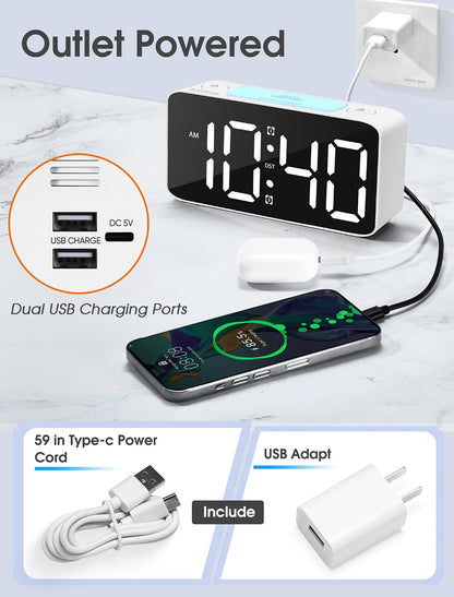 Cadmos 110dB Extra Loud Alarm Clock for Heavy Sleepers Adults, Digital Clock with 7 Color Night Light, RGB Display, Dual USB Charger, Small Clocks for Bedrooms, Kids, Teens (White+RGB)
