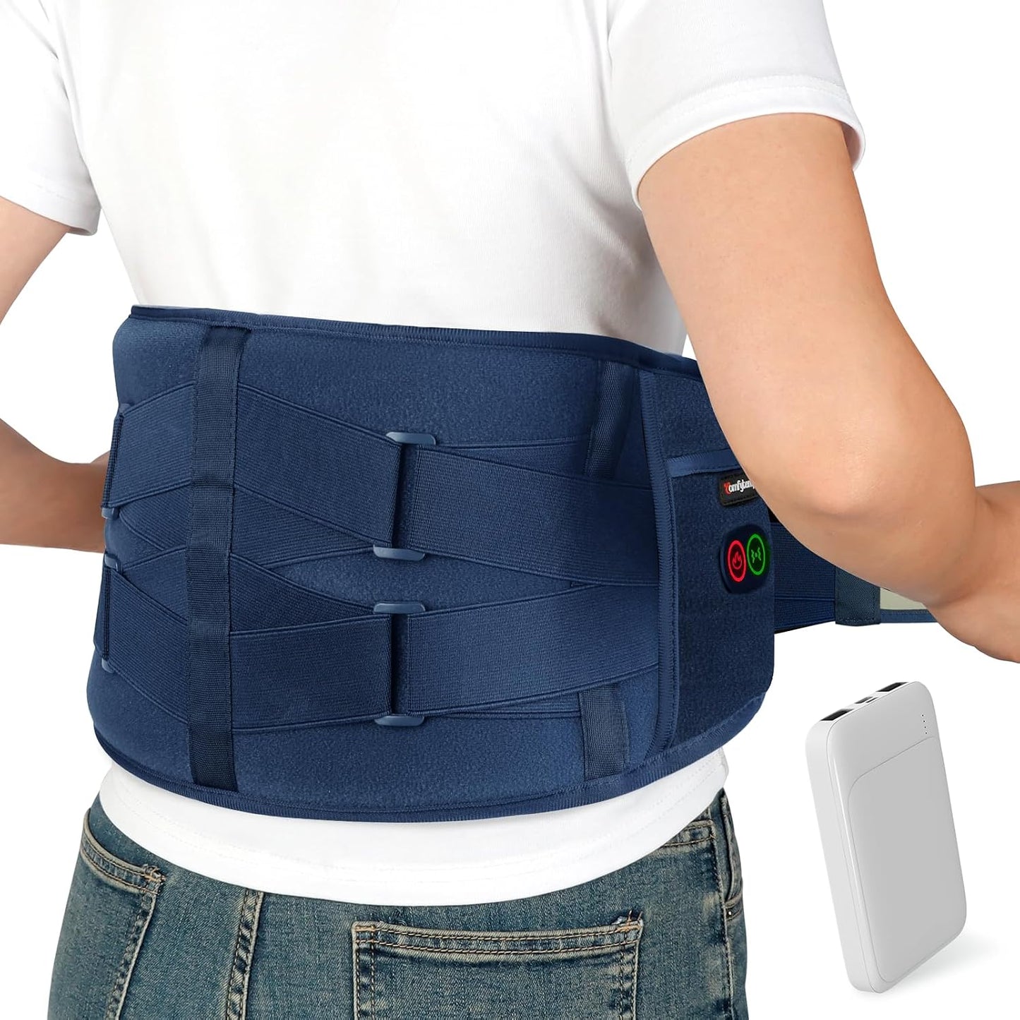 Comfytemp Cordless Heating Pad with Massager for Back, Gifts for Women Men | FSA Eligible HSA, Portable Lower Back Massager, Rechargeable Wireless Electric, Birthday Mom Dad Seniors 3 Heat 30mins, Grey