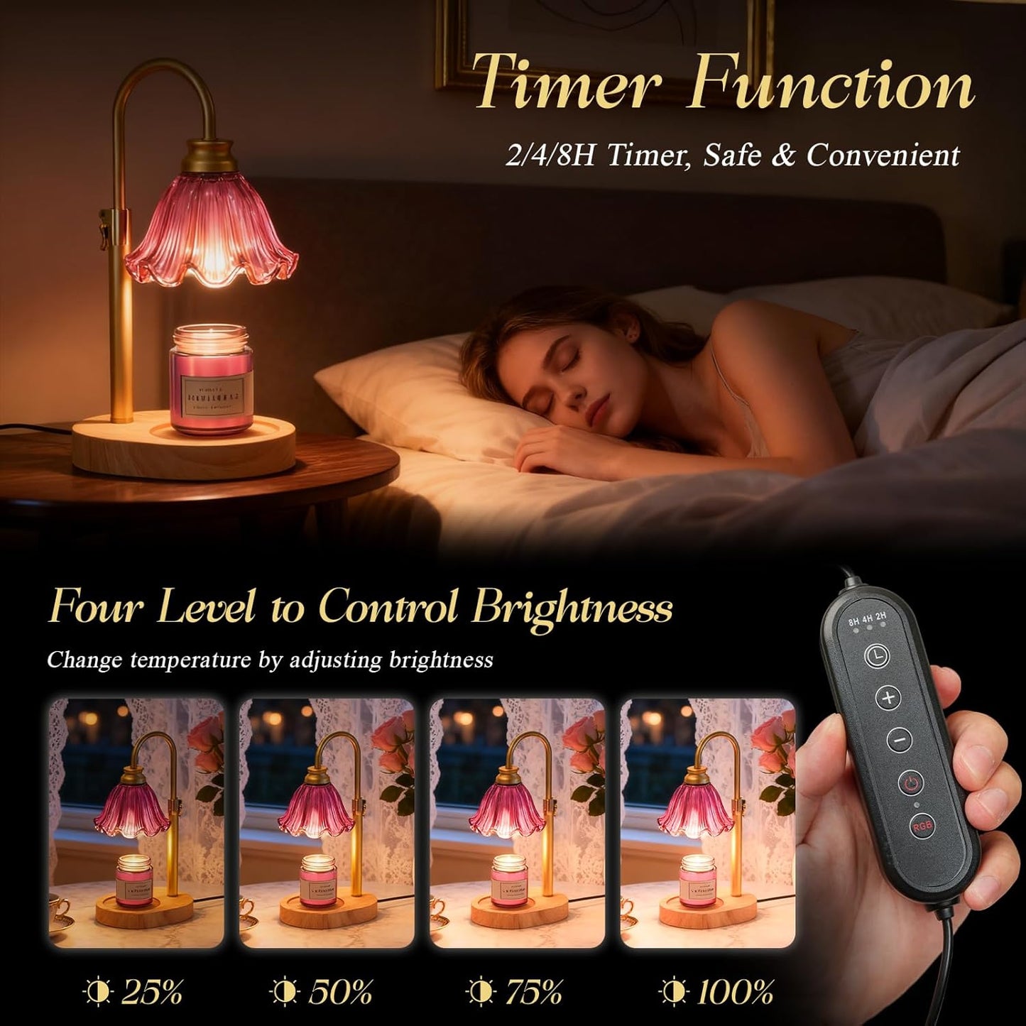 Flower Candle Warmer Lamp,Adjustable Timer & Dimmer(Green) | Adjustable height fits jars. Timer & dimmer safe melt. 2 bulbs & heat-proof base. Perfect for bedroom, office, or gifting.