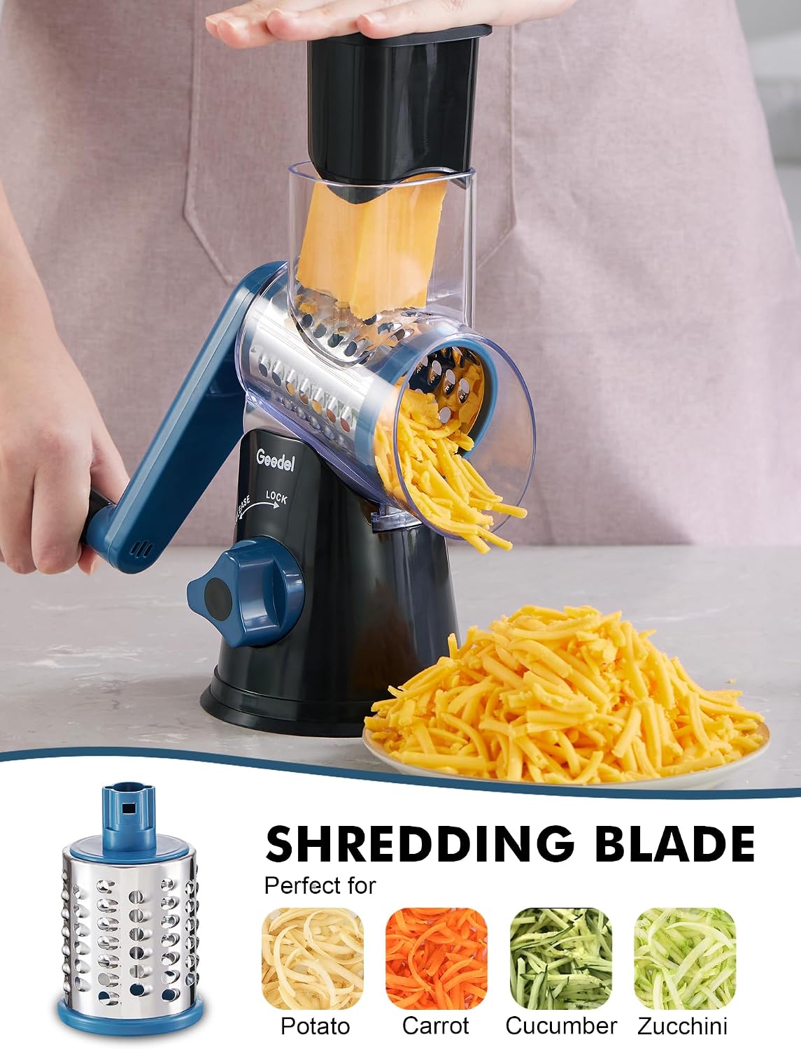 Geedel Rotary Cheese Grater, Kitchen Mandoline Vegetable Slicer with 3 Interchangeable Blades, Easy to Clean Rotary Grater Slicer for Fruit, Vegetables, Nuts | 3 Blades, 430 Stainless Steel, 12x Fast Cutting, Strong Suction Base, No BPA, Dishwasher Safe,