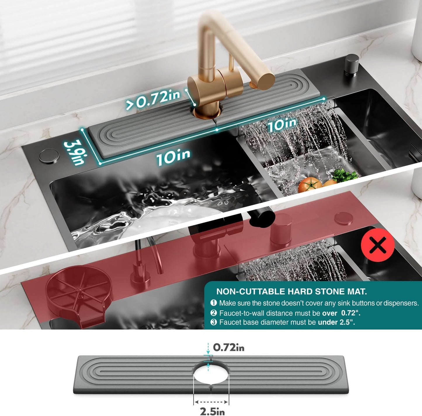 Stone Faucet Mat for Kitchen Sink – Diatomite Drying Stone Mat & Sink Protector, Prevents Moisture – Sink Splash Guard Water-Absorbing Stone Tray for Bathroom Counter (Light Grey, 20" x 3.9")