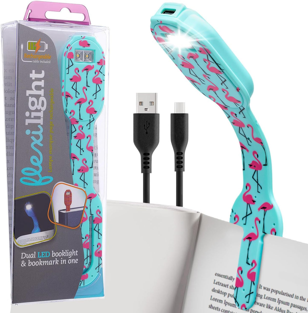 Gifts for Readers & Writers Rechargeable Book Light for Kids, Clip On Reading Light for Bed, 2in1 Flexilight Pals & Bookmark, 12 Hours of Light Once Charged, Includes USB Cable & 2 LED Lights, Dog