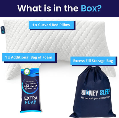 Sidney Sleep Adjustable Curved Pillows for Neck and Shoulder Support with Extra Shredded Fill - Cervical Contour Pillow for Side and Back Sleepers - Queen Size 19" x 29" CertiPUR-US Certified (White)