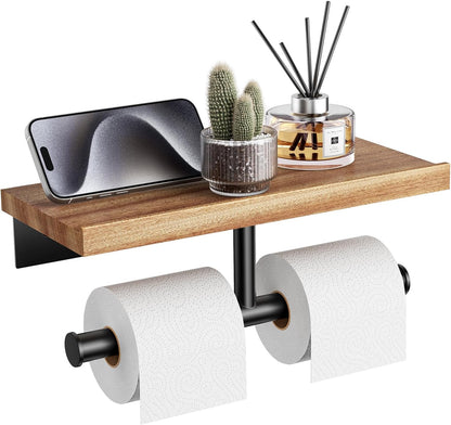 Tindbea Toilet Paper Holder with Wood Shelf, Wooden Wall Mount Tissue Paper Roll Holder, Matte Black Stainless Steel Bathroom Accessories Decor Household Home Apartment Restroom Essentials (Walnut)
