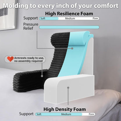 ENITYA 22" XL Back Pillow for Bed Sitting Up with Armrests & Big Pockets | Reading Pillow for Bed, Soft Back Support Chair, Ideal for Watching TV, Gaming, Nursing, Resting, Post Surgery, Dark Grey