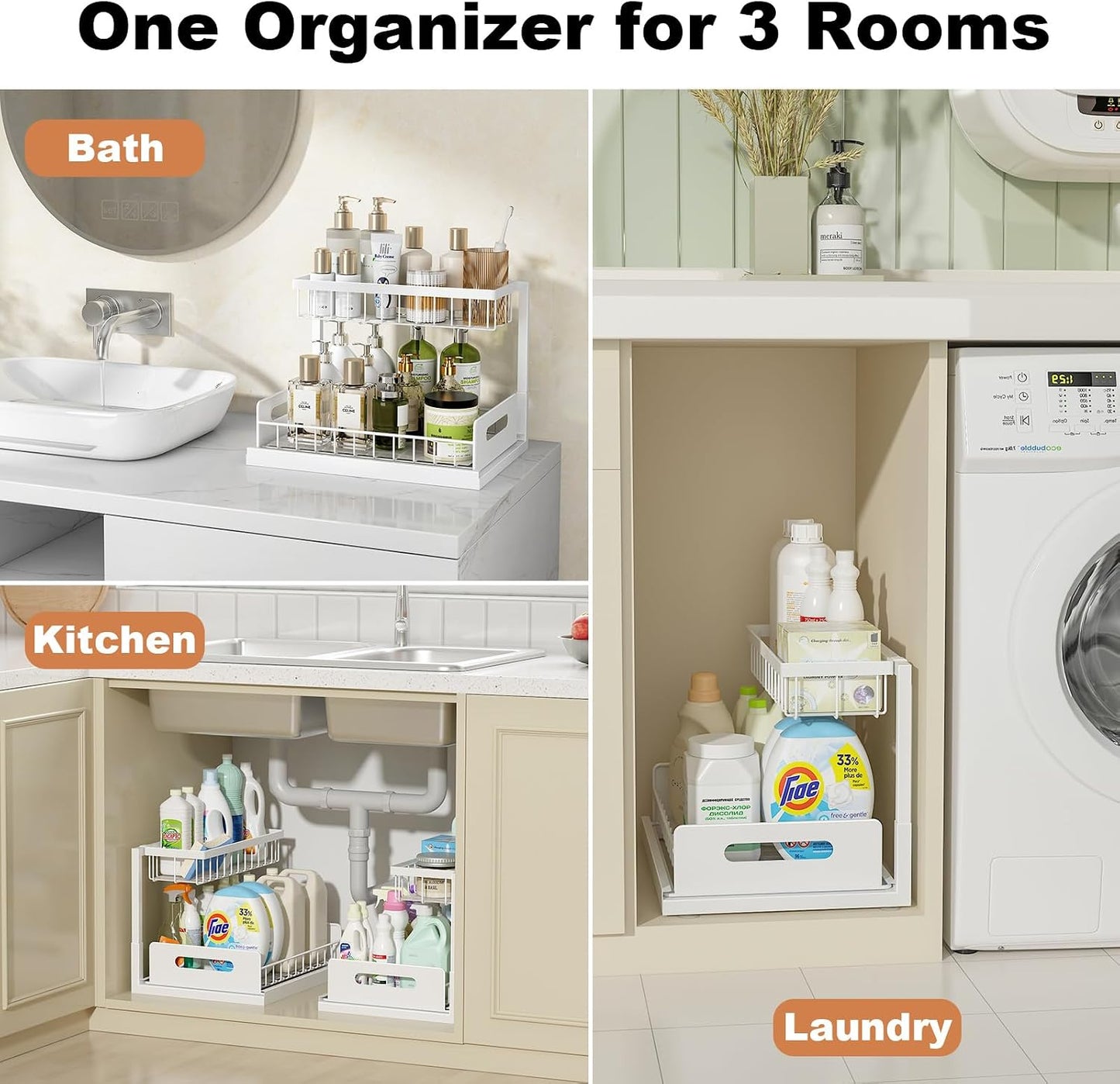 Under Sink Organizer, L-Shaped 2 Tier Pull Out Cabinet Organizer | Slide Out Sink Shelf Cabinet Storage Shelves, Under Sink Storage for Kitchen Bathroom Cabinet, White, 1 Pack