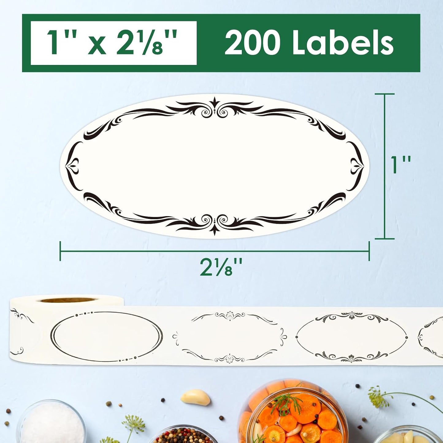 DGBDPACK Water Soluble Canning Labels, 1 x 2 1/8 in for Mason Jars 200 Pack | 200 stickers with 8 decorative designs, fully dissolvable in water, pickles, mason jars.