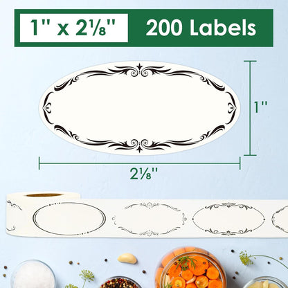 DGBDPACK Water Soluble Canning Labels, 1 x 2 1/8 in for Mason Jars 200 Pack | 200 stickers with 8 decorative designs, fully dissolvable in water, pickles, mason jars.