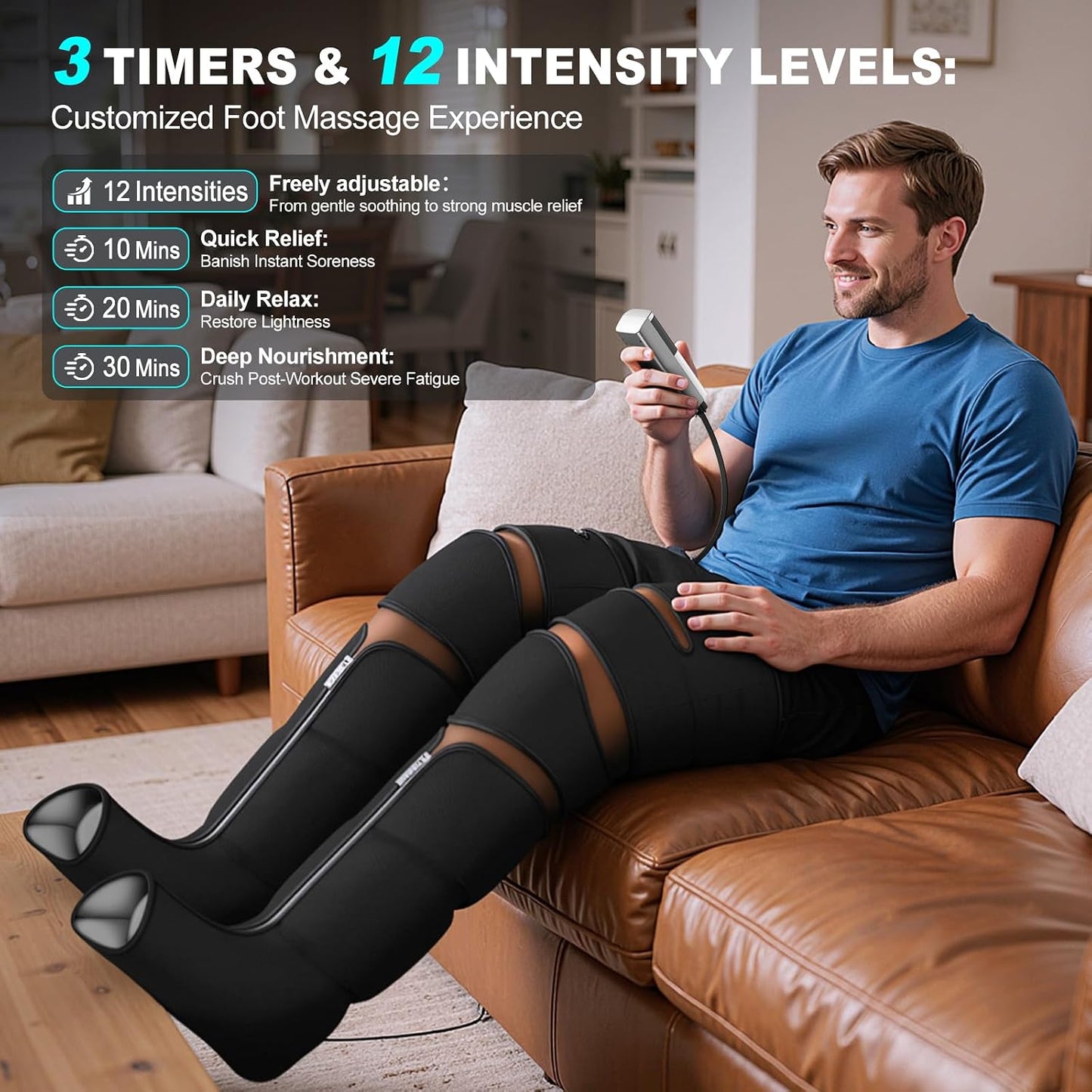 Leg Compression Massager for Circulation and Pain Relief, Compression Boots with Heated Knee, 6 Modes 12 Intensities 3 Timers, Foot Calf Thigh Recovery Machine, Gifts for Man Woman, Black