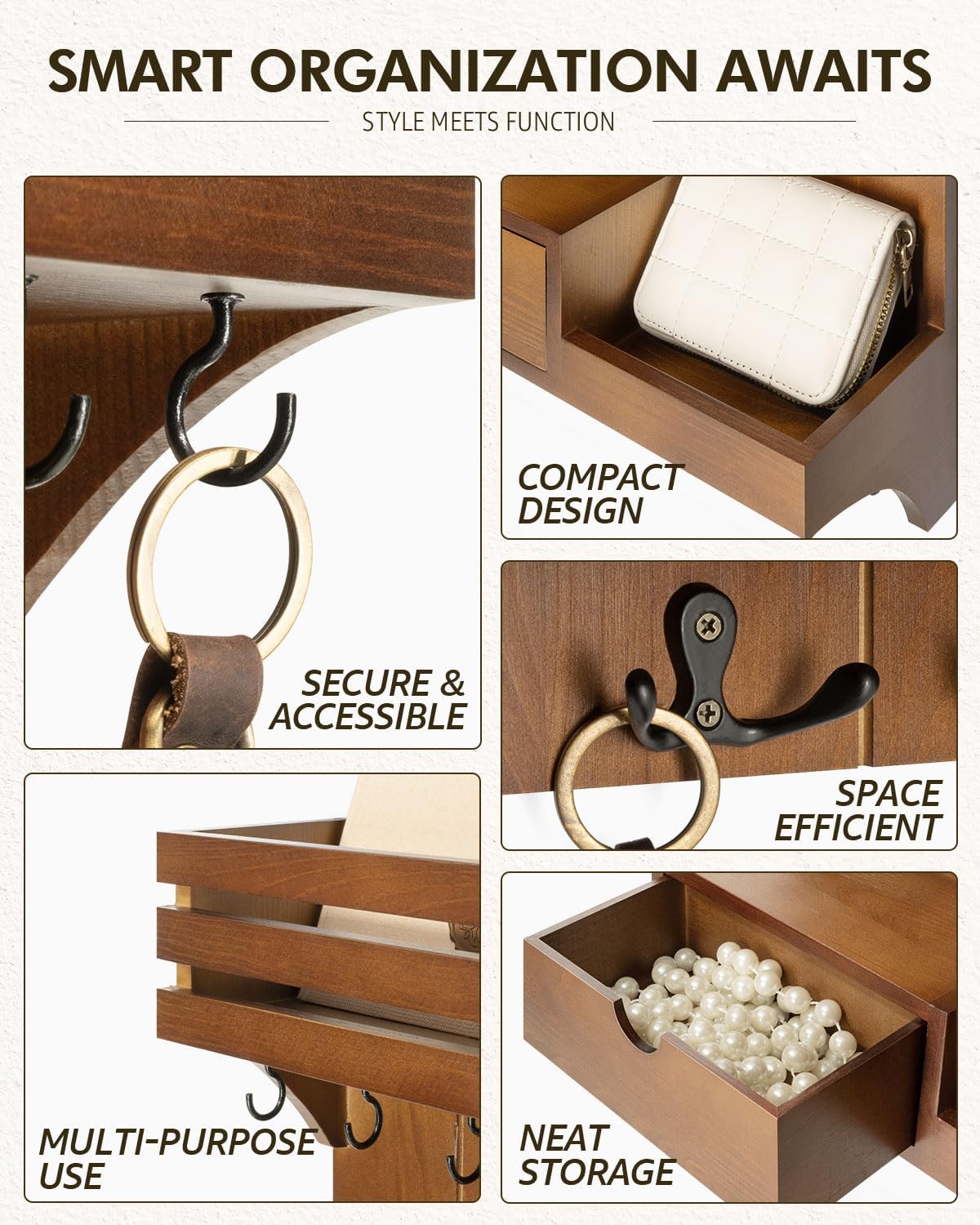 Rebee Vision Key Holder Wall Mount with Drawer Organizer for Entryway,Brown | Pine Wood, 6 Key Hooks, Display Shelf for Plants, Mail Slot for Storage Letter, Multi-Funtional Design, Home Storage
