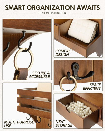 Rebee Vision Key Holder Wall Mount with Drawer Organizer for Entryway,Brown | Pine Wood, 6 Key Hooks, Display Shelf for Plants, Mail Slot for Storage Letter, Multi-Funtional Design, Home Storage